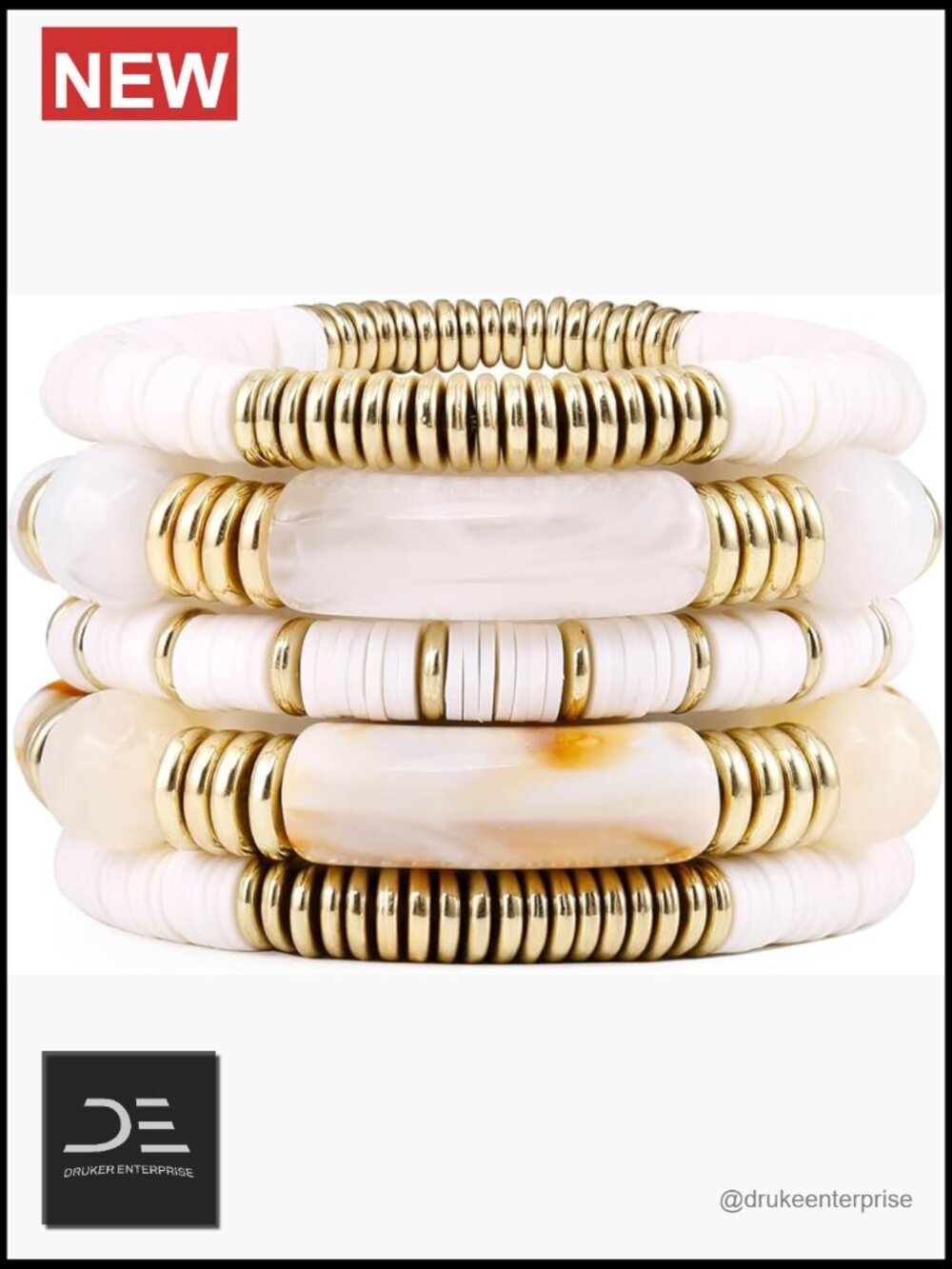 Chunky Acrylic Stretch Bracelet Bangle Set Gold Beads